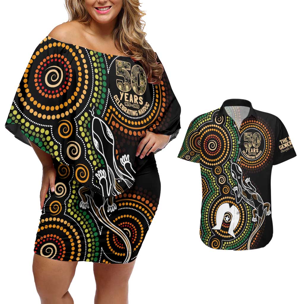50 Years of NAIDOC Week Indigenous Couples Matching Off Shoulder Short Dress and Hawaiian Shirt Honor The Past - Grace The Present