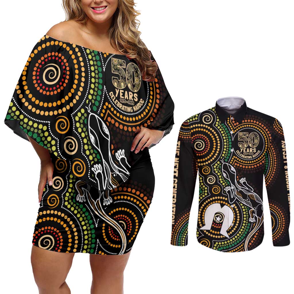 50 Years of NAIDOC Week Indigenous Couples Matching Off Shoulder Short Dress and Long Sleeve Button Shirt Honor The Past - Grace The Present