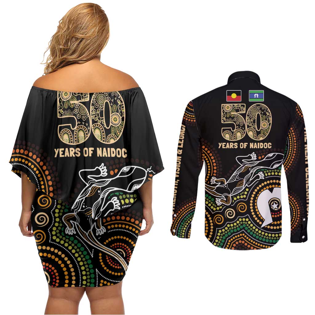 50 Years of NAIDOC Week Indigenous Couples Matching Off Shoulder Short Dress and Long Sleeve Button Shirt Honor The Past - Grace The Present