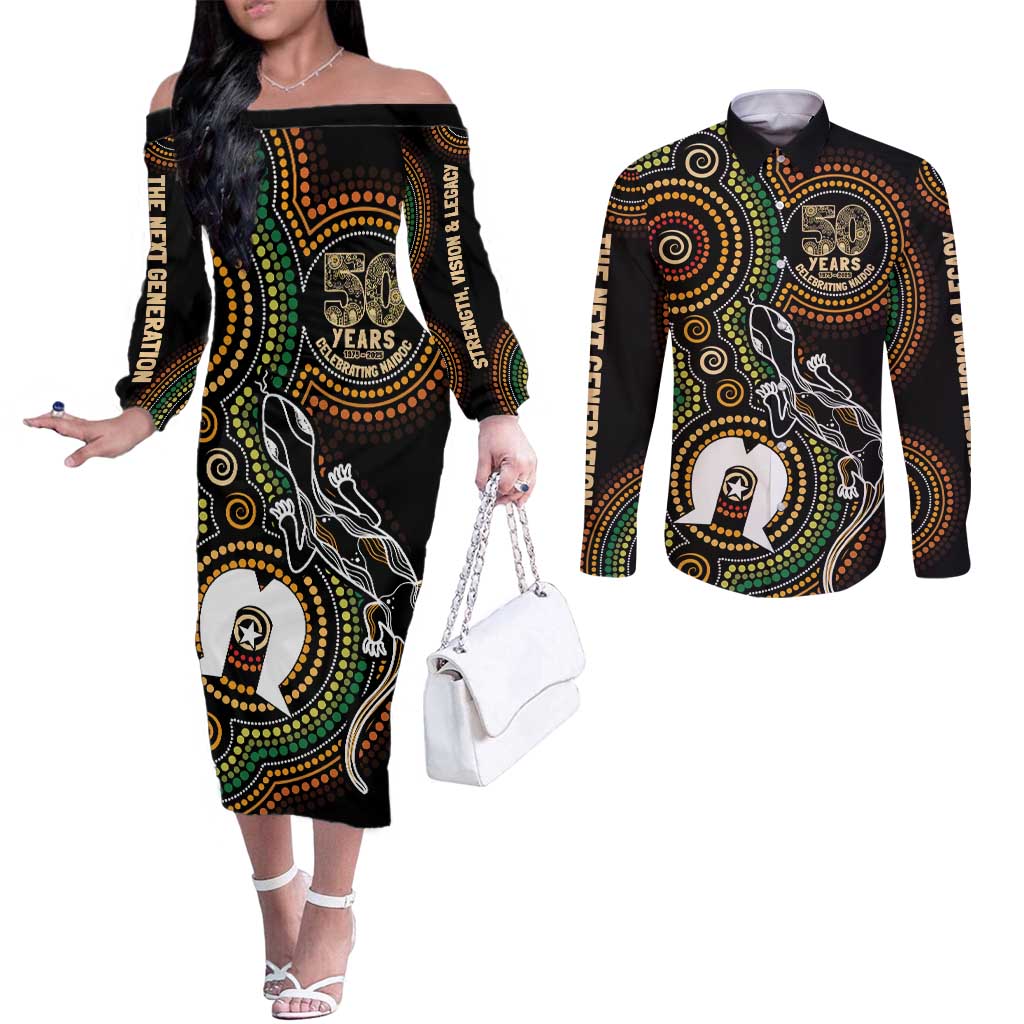 50 Years of NAIDOC Week Indigenous Couples Matching Off The Shoulder Long Sleeve Dress and Long Sleeve Button Shirt Honor The Past - Grace The Present