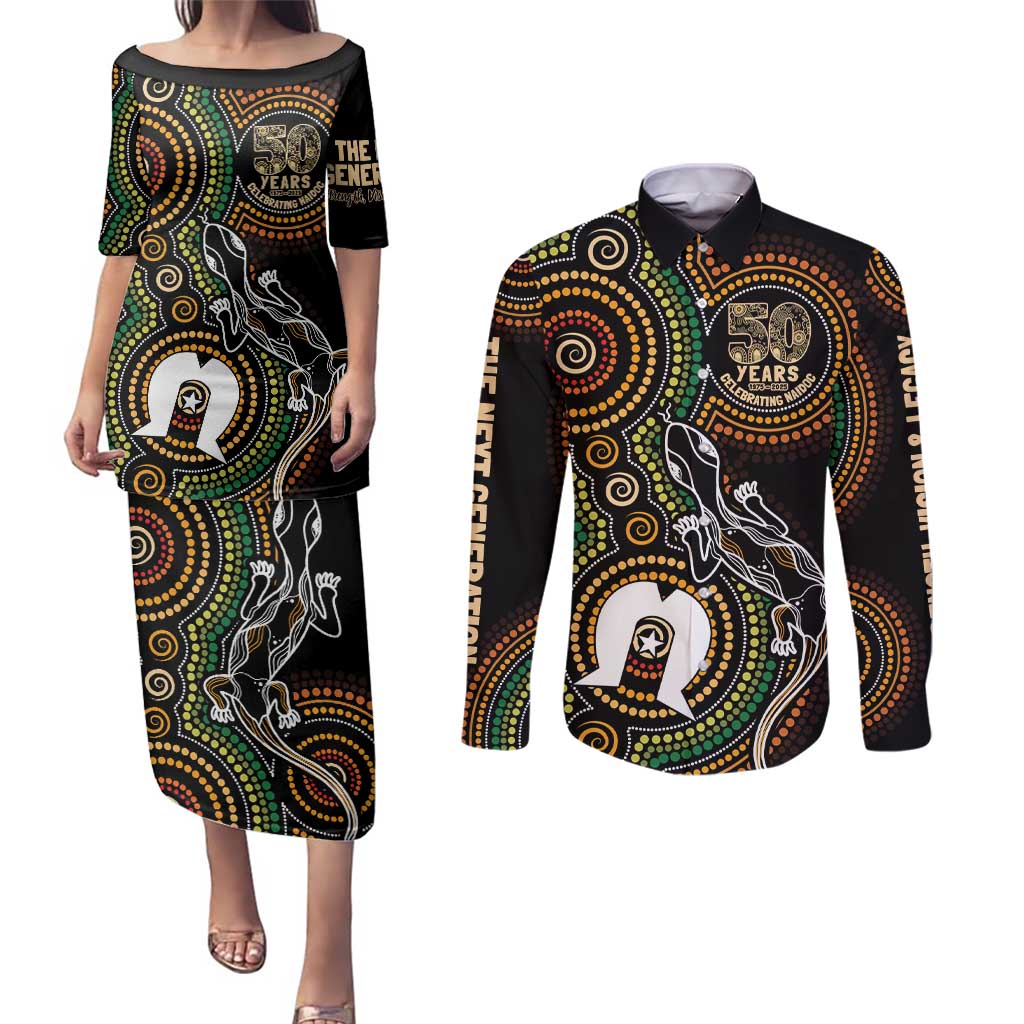 50 Years of NAIDOC Week Indigenous Couples Matching Puletasi and Long Sleeve Button Shirt Honor The Past - Grace The Present