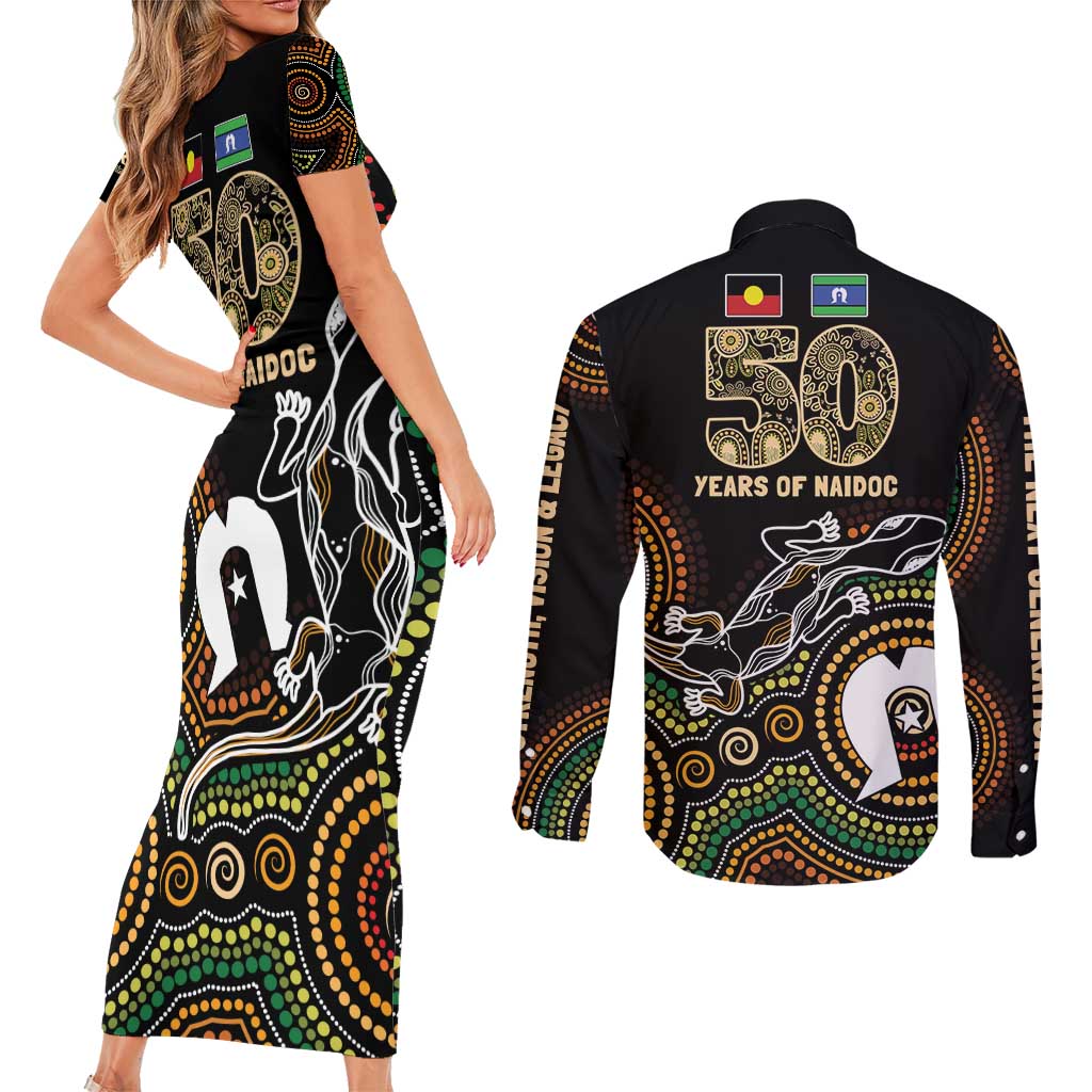 50 Years of NAIDOC Week Indigenous Couples Matching Short Sleeve Bodycon Dress and Long Sleeve Button Shirt Honor The Past - Grace The Present