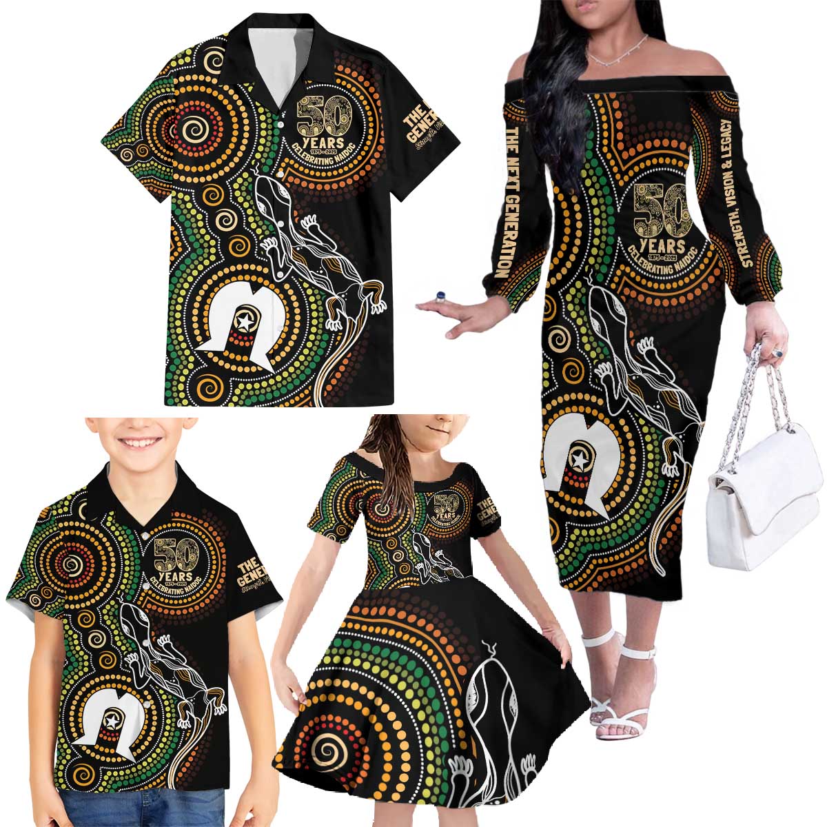 50 Years of NAIDOC Week Indigenous Family Matching Off The Shoulder Long Sleeve Dress and Hawaiian Shirt Honor The Past - Grace The Present