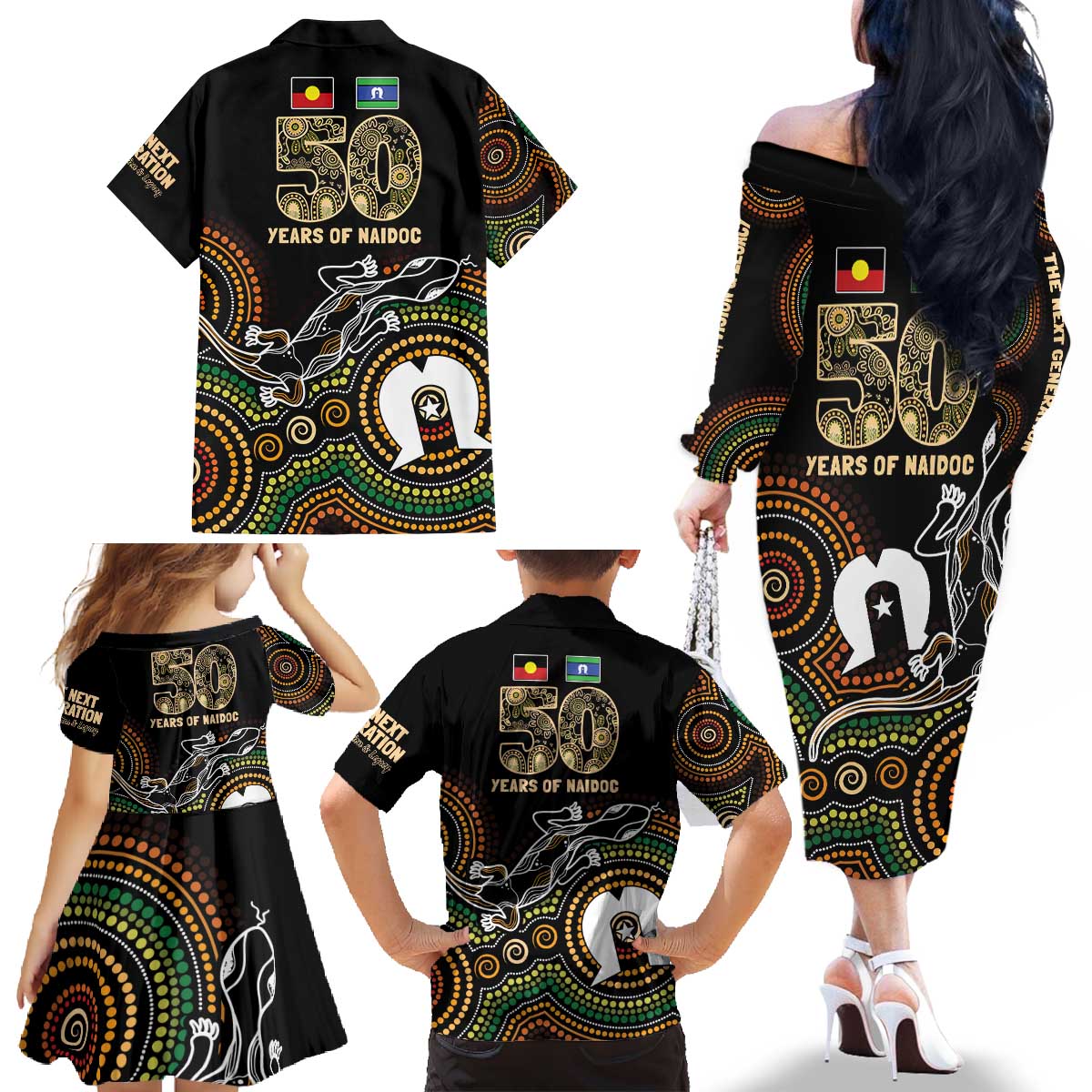 50 Years of NAIDOC Week Indigenous Family Matching Off The Shoulder Long Sleeve Dress and Hawaiian Shirt Honor The Past - Grace The Present