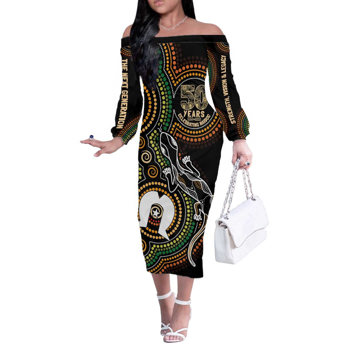 50 Years of NAIDOC Week Indigenous Off The Shoulder Long Sleeve Dress Honor The Past - Grace The Present