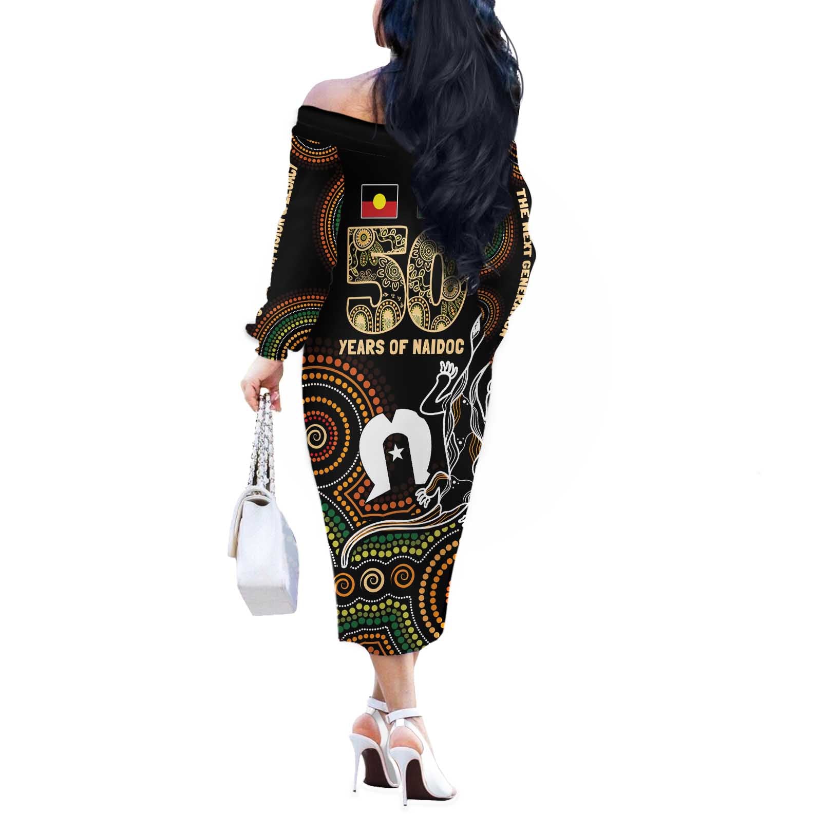 50 Years of NAIDOC Week Indigenous Off The Shoulder Long Sleeve Dress Honor The Past - Grace The Present