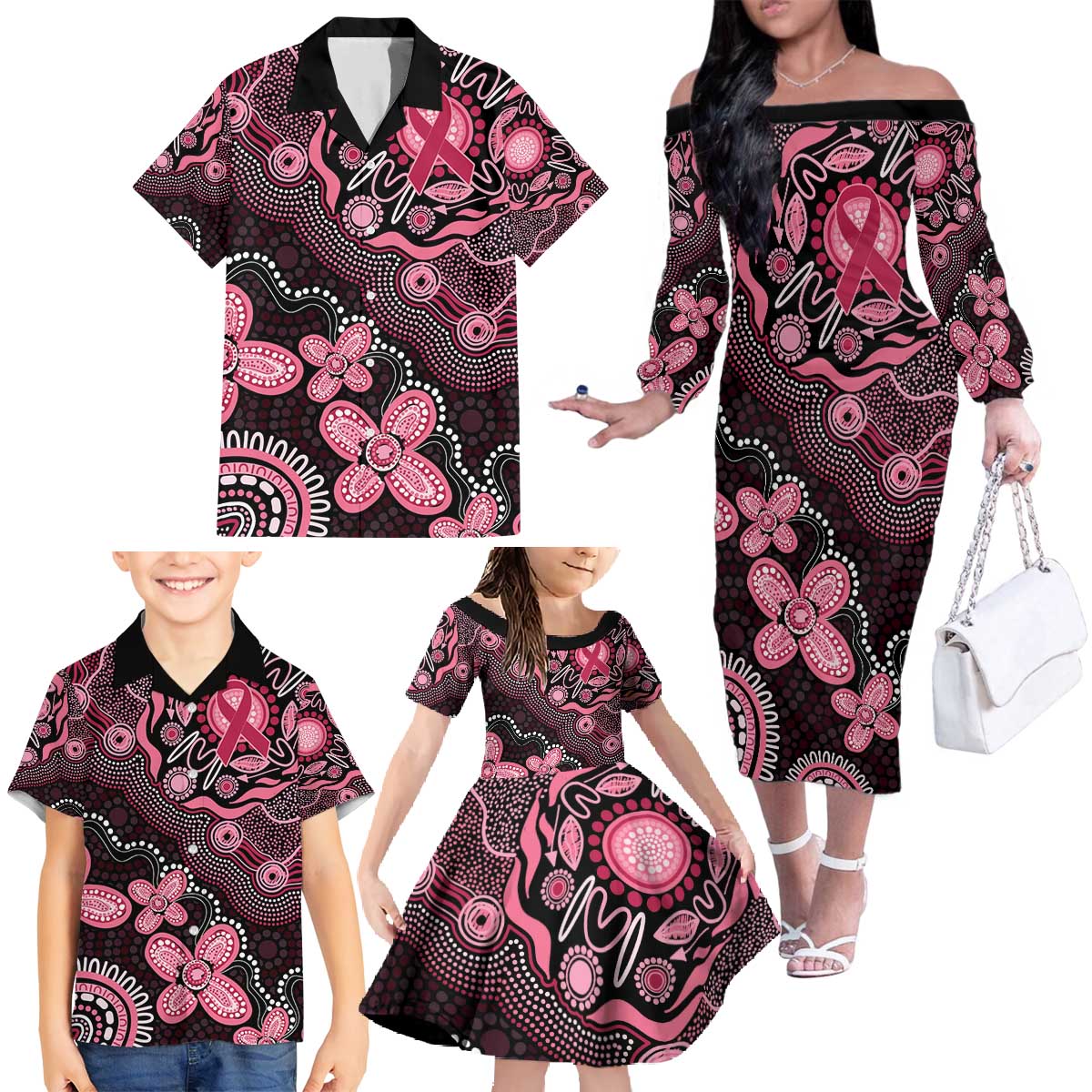 Honoring 50 Years of NAIDOC 2025 Personalised Family Matching Off The Shoulder Long Sleeve Dress and Hawaiian Shirt Pink Power