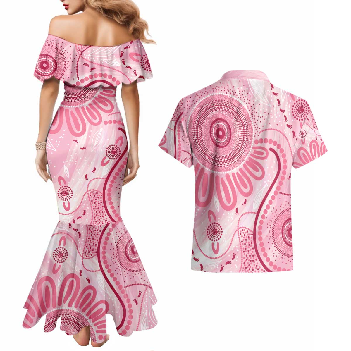 NAIDOC Week 2025 Indigenous Couples Matching Mermaid Dress and Hawaiian Shirt Breast Cancer Pink Ribbon