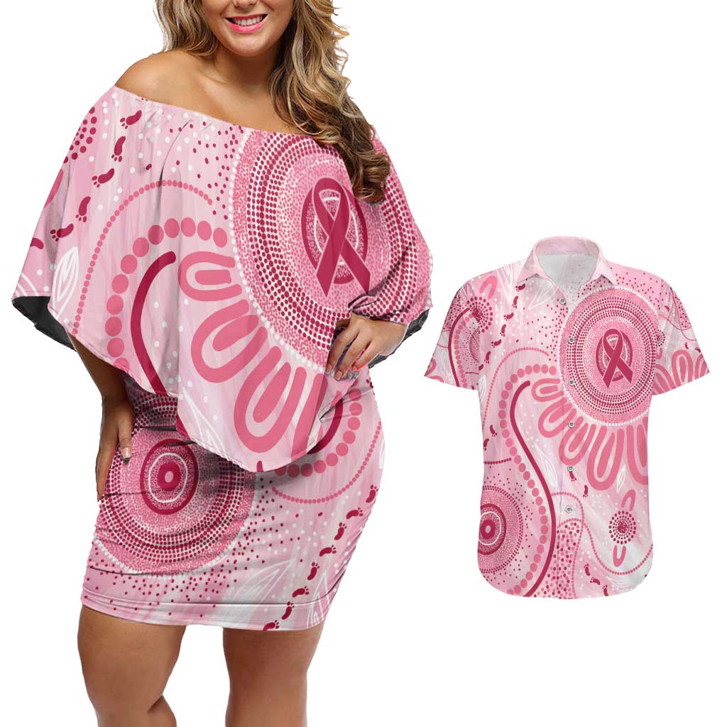 NAIDOC Week 2025 Indigenous Couples Matching Off Shoulder Short Dress and Hawaiian Shirt Breast Cancer Pink Ribbon