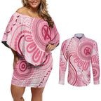 NAIDOC Week 2025 Indigenous Couples Matching Off Shoulder Short Dress and Long Sleeve Button Shirt Breast Cancer Pink Ribbon