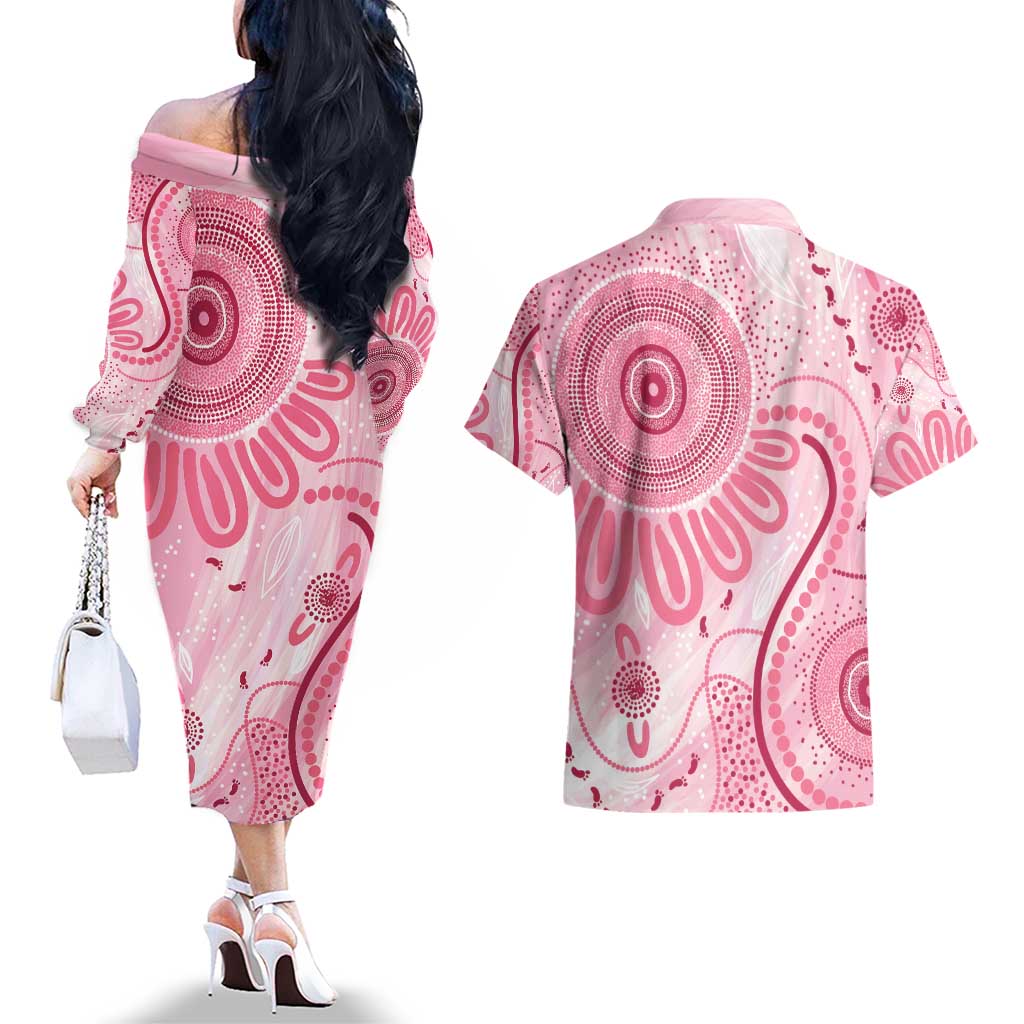 NAIDOC Week 2025 Indigenous Couples Matching Off The Shoulder Long Sleeve Dress and Hawaiian Shirt Breast Cancer Pink Ribbon