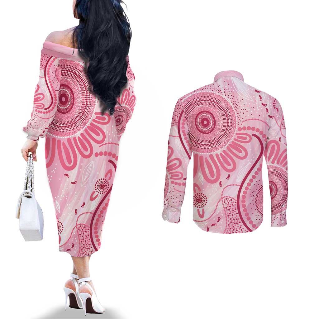 NAIDOC Week 2025 Indigenous Couples Matching Off The Shoulder Long Sleeve Dress and Long Sleeve Button Shirt Breast Cancer Pink Ribbon