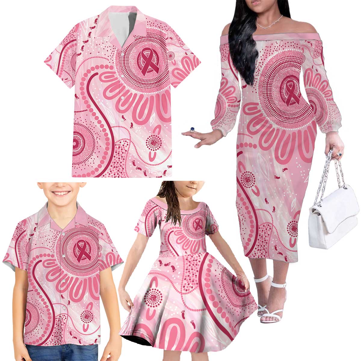NAIDOC Week 2025 Indigenous Family Matching Off The Shoulder Long Sleeve Dress and Hawaiian Shirt Breast Cancer Pink Ribbon