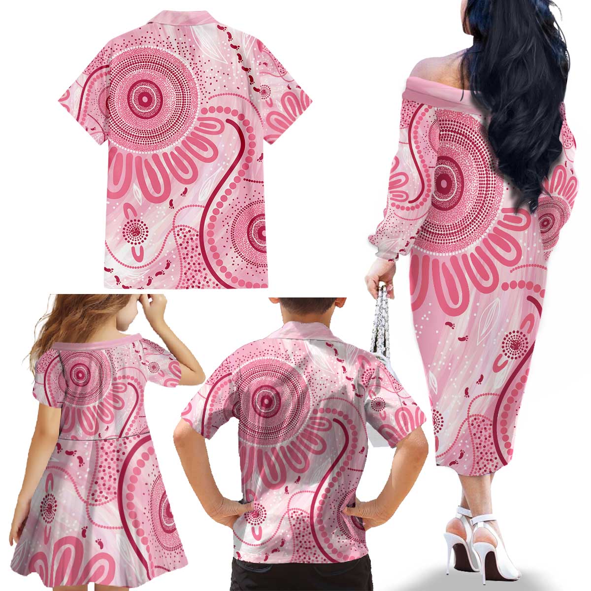 NAIDOC Week 2025 Indigenous Family Matching Off The Shoulder Long Sleeve Dress and Hawaiian Shirt Breast Cancer Pink Ribbon