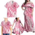 NAIDOC Week 2025 Indigenous Family Matching Off Shoulder Maxi Dress and Hawaiian Shirt Breast Cancer Pink Ribbon