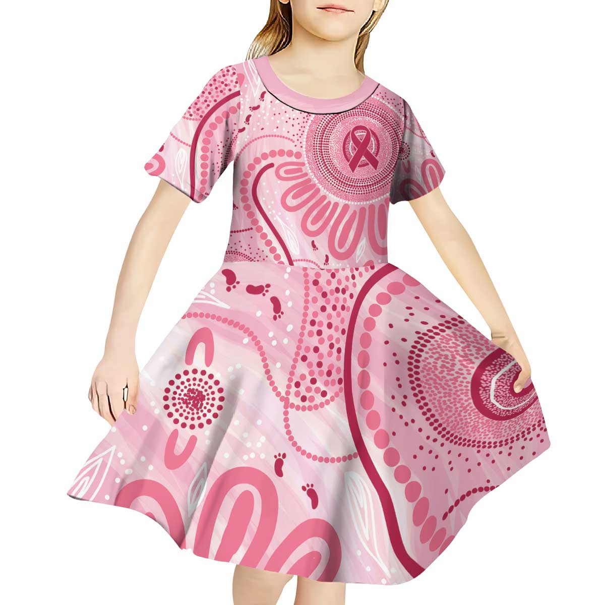 NAIDOC Week 2025 Indigenous Kid Short Sleeve Dress Breast Cancer Pink Ribbon