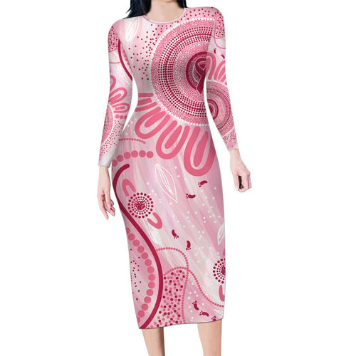 NAIDOC Week 2025 Indigenous Long Sleeve Bodycon Dress Breast Cancer Pink Ribbon