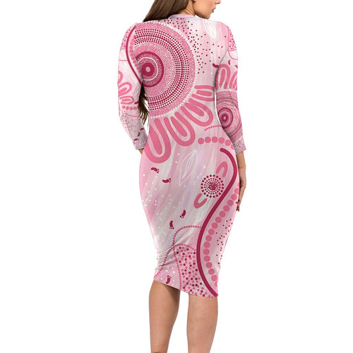 NAIDOC Week 2025 Indigenous Long Sleeve Bodycon Dress Breast Cancer Pink Ribbon