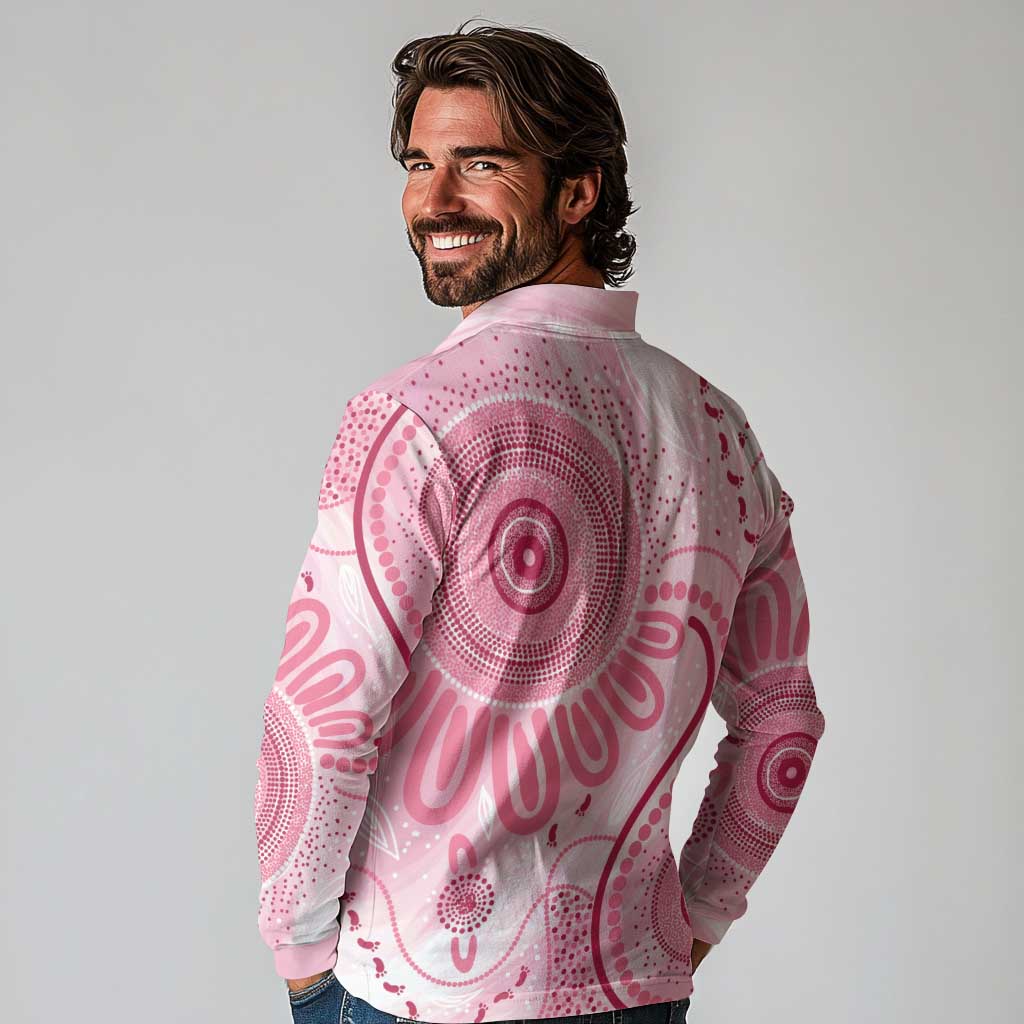NAIDOC Week 2025 Indigenous Long Sleeve Polo Shirt Breast Cancer Pink Ribbon
