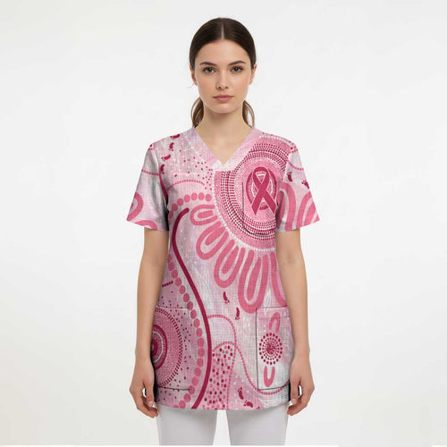 NAIDOC Week 2025 Indigenous Scrub Top Breast Cancer Pink Ribbon - Aussie Hoodie