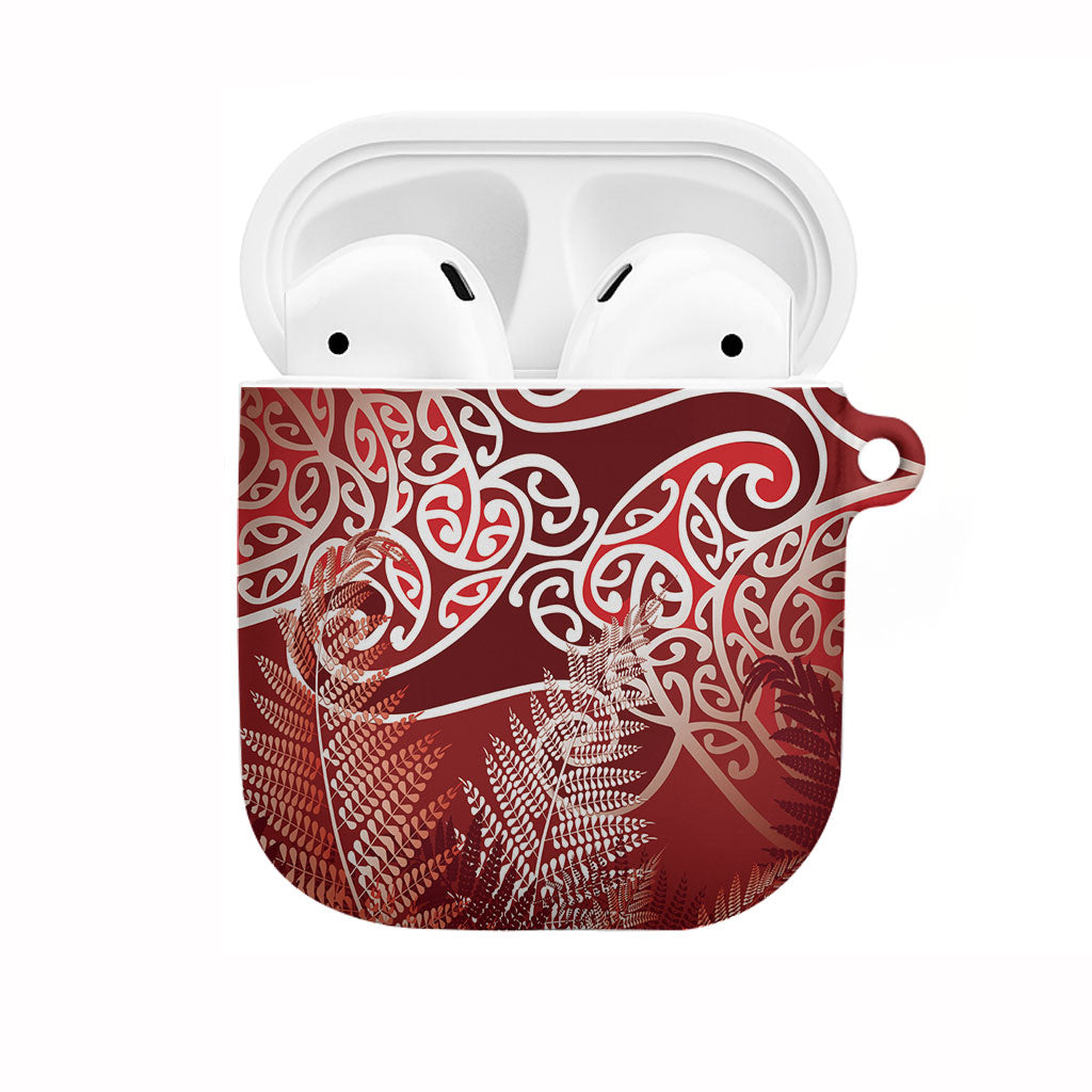 Aotearoa Maori Koru Curves AirPods Case Silver Ferns - Crimson Red