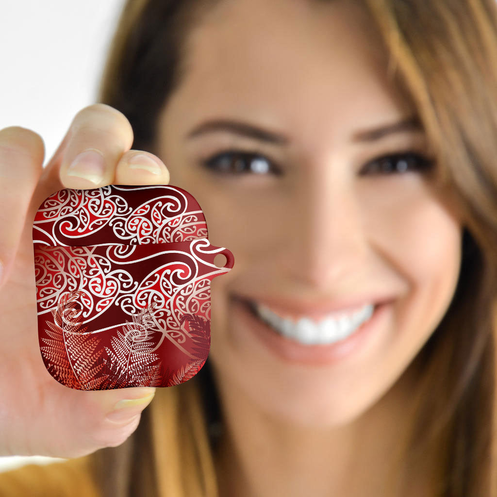 Aotearoa Maori Koru Curves AirPods Case Silver Ferns - Crimson Red