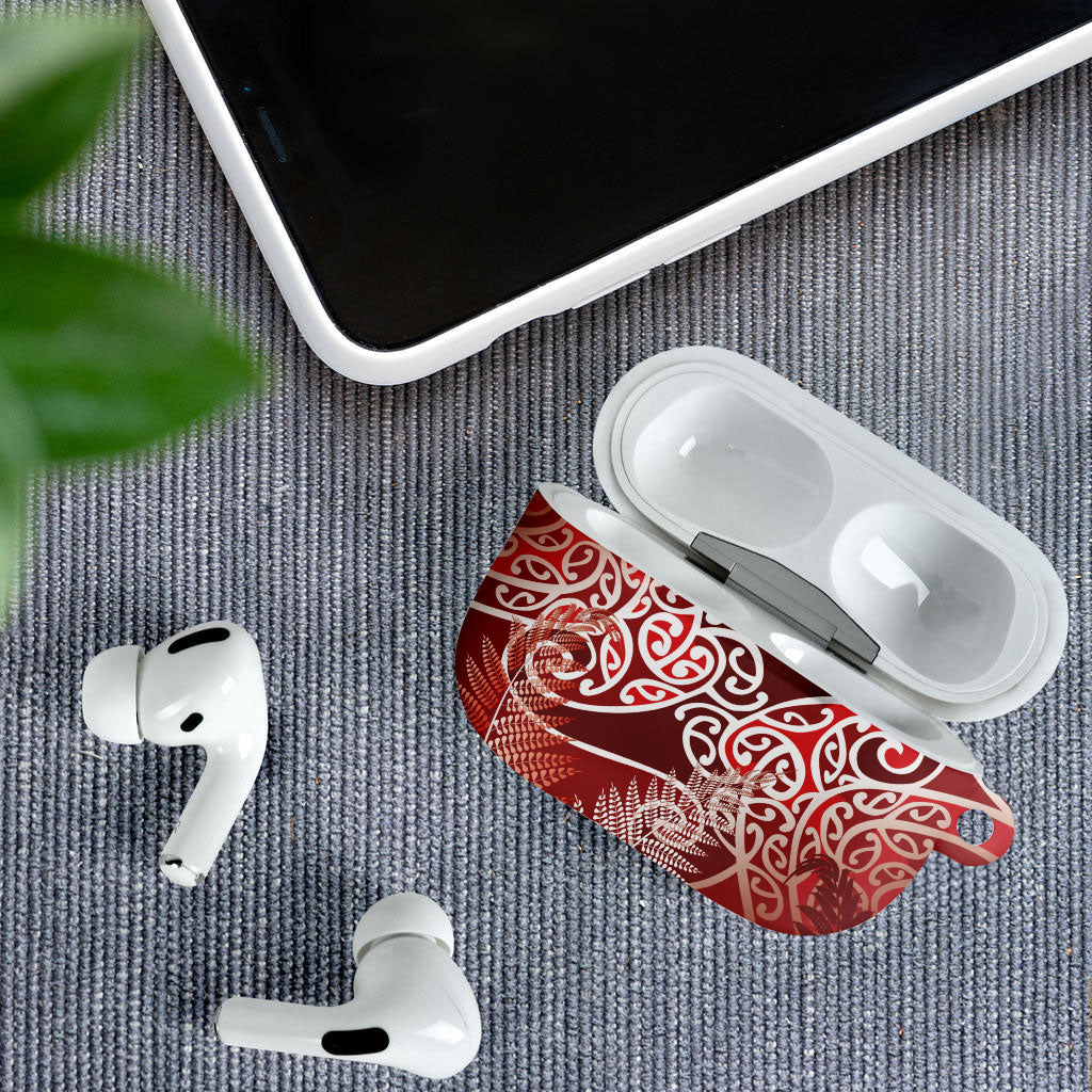 Aotearoa Maori Koru Curves AirPods Case Silver Ferns - Crimson Red