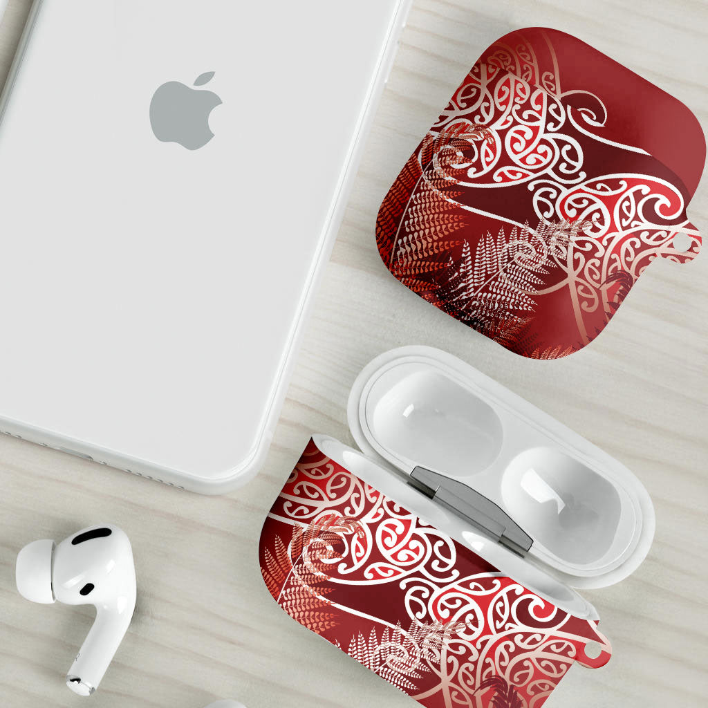 Aotearoa Maori Koru Curves AirPods Case Silver Ferns - Crimson Red