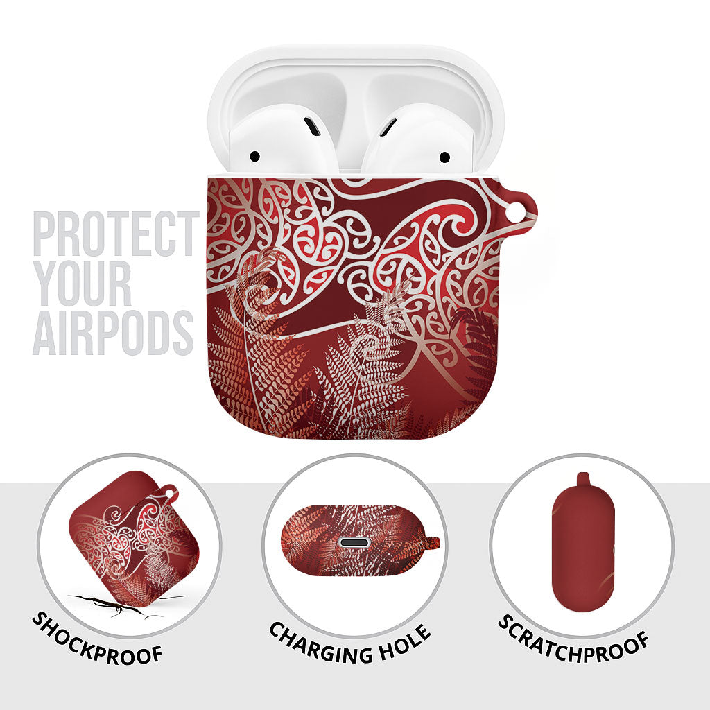 Aotearoa Maori Koru Curves AirPods Case Silver Ferns - Crimson Red