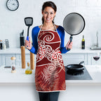 Aotearoa Maori Koru Curves Apron Silver Ferns - Crimson Red
