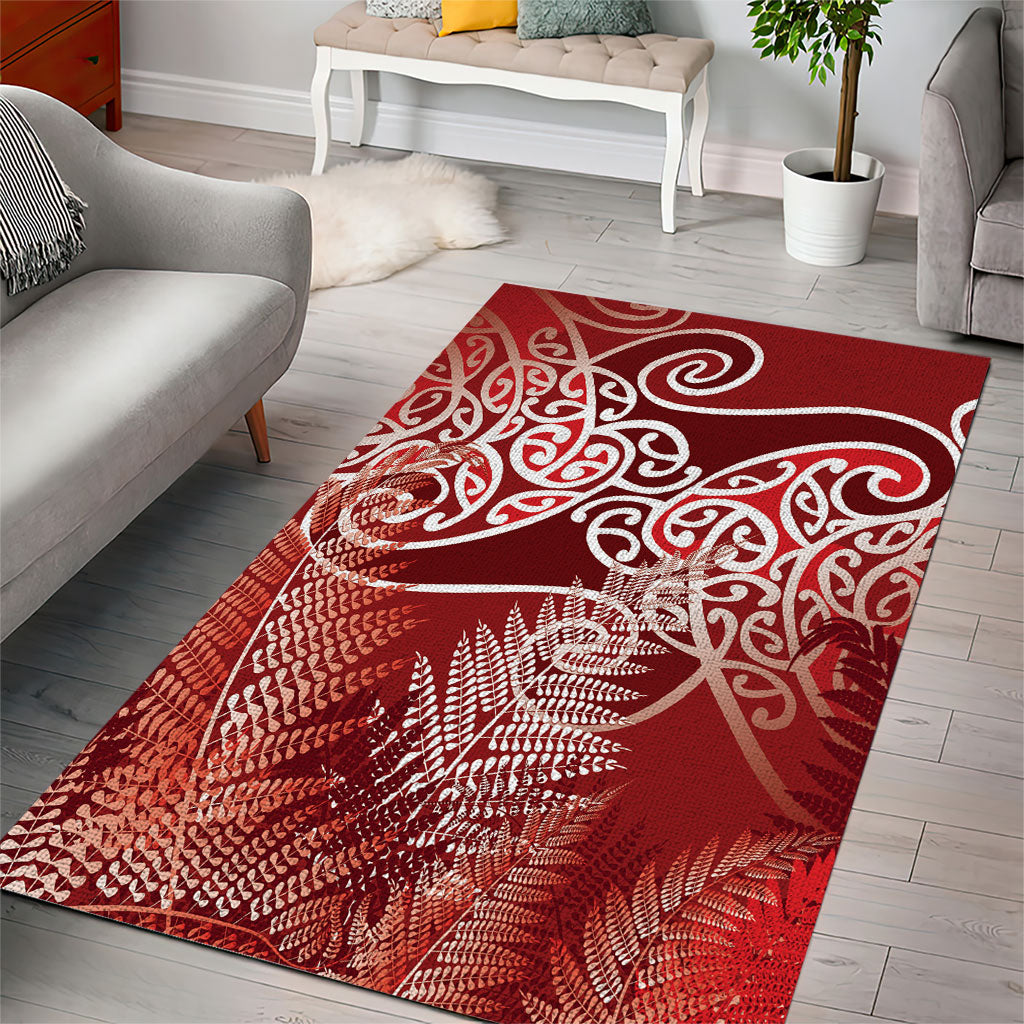 Aotearoa Maori Koru Curves Area Rug Silver Ferns - Crimson Red
