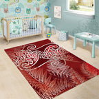 Aotearoa Maori Koru Curves Area Rug Silver Ferns - Crimson Red