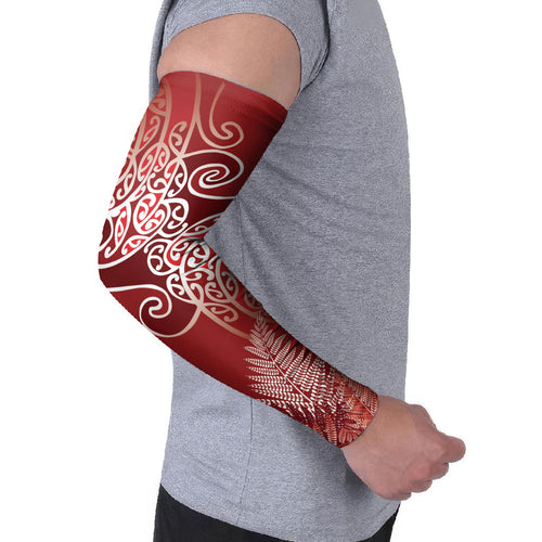 Aotearoa Maori Koru Curves Arm Sleeves Silver Ferns - Crimson Red