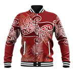 Aotearoa Maori Koru Curves Baseball Jacket Silver Ferns - Crimson Red