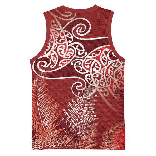 Aotearoa Maori Koru Curves Basketball Jersey Silver Ferns - Crimson Red