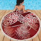 Aotearoa Maori Koru Curves Beach Blanket Silver Ferns - Crimson Red