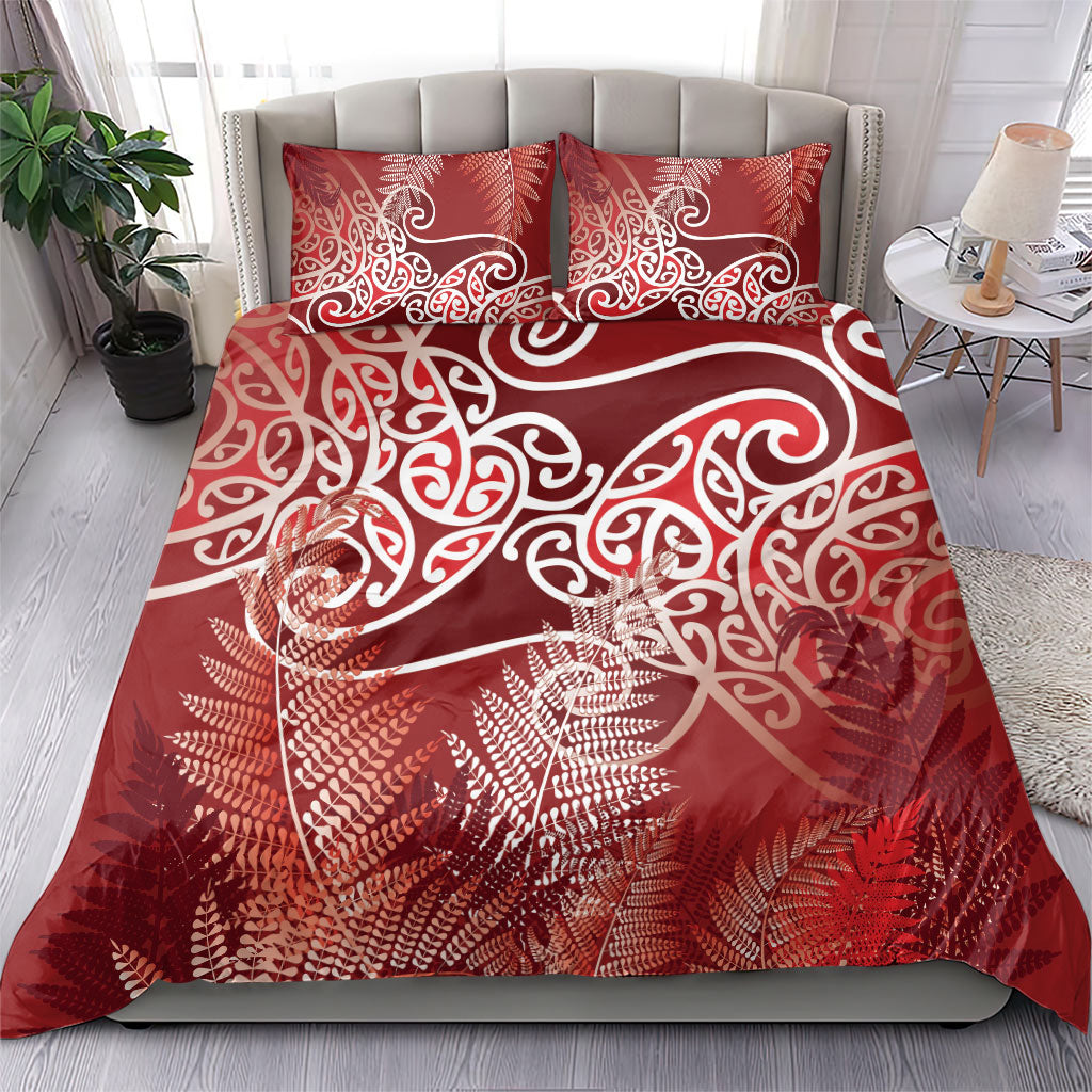 Aotearoa Maori Koru Curves Bedding Set Silver Ferns - Crimson Red