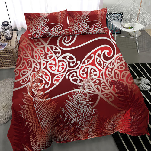 Aotearoa Maori Koru Curves Bedding Set Silver Ferns - Crimson Red