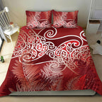 Aotearoa Maori Koru Curves Bedding Set Silver Ferns - Crimson Red