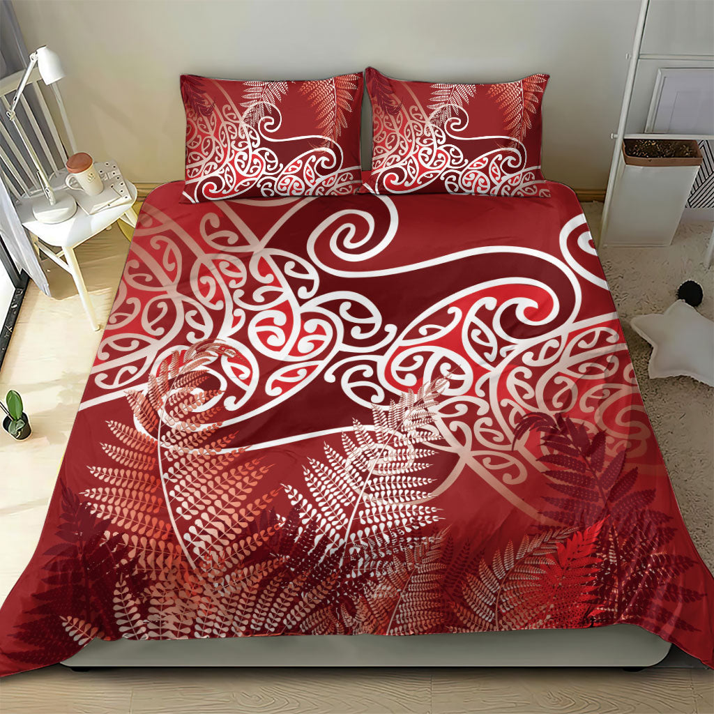 Aotearoa Maori Koru Curves Bedding Set Silver Ferns - Crimson Red