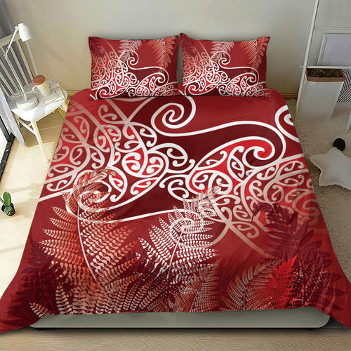 Aotearoa Maori Koru Curves Bedding Set Silver Ferns - Crimson Red