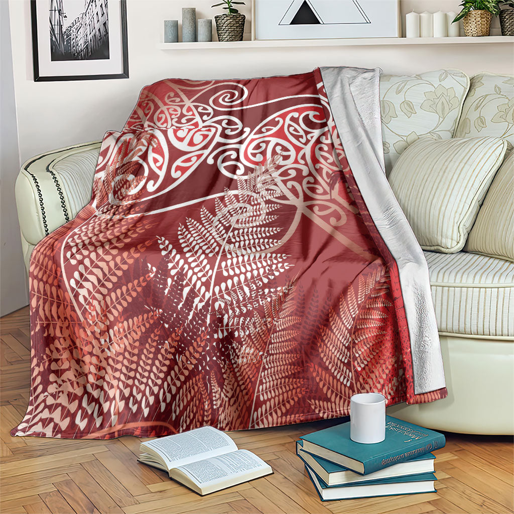 Aotearoa Maori Koru Curves Blanket Silver Ferns - Crimson Red