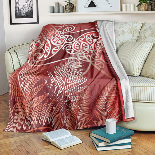 Aotearoa Maori Koru Curves Blanket Silver Ferns - Crimson Red