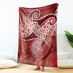 Aotearoa Maori Koru Curves Blanket Silver Ferns - Crimson Red
