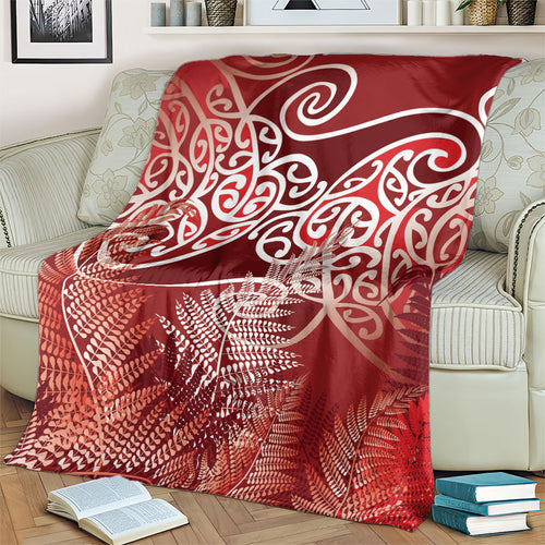 Aotearoa Maori Koru Curves Blanket Silver Ferns - Crimson Red