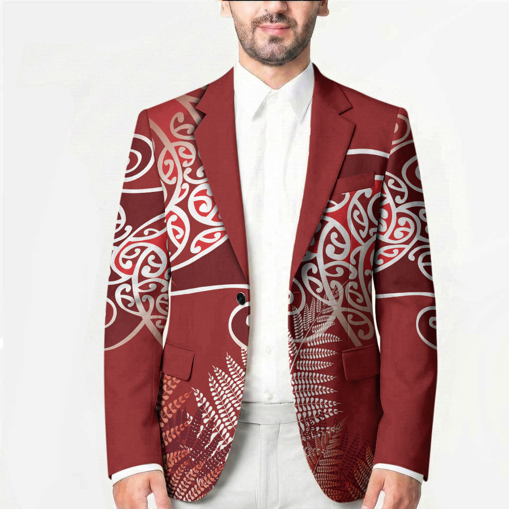 Aotearoa Maori Koru Curves Blazer Silver Ferns - Crimson Red