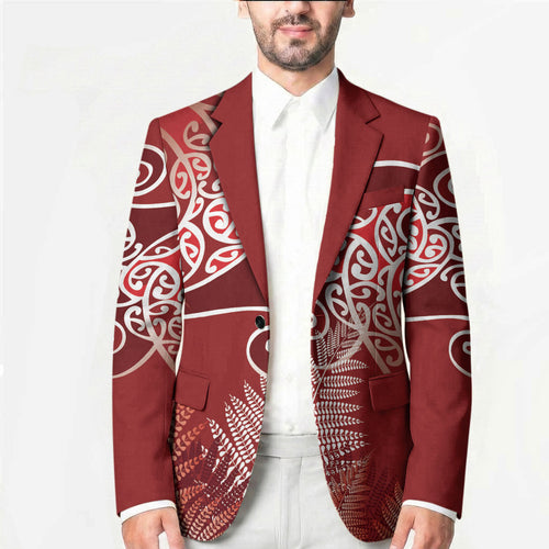 Aotearoa Maori Koru Curves Blazer Silver Ferns - Crimson Red