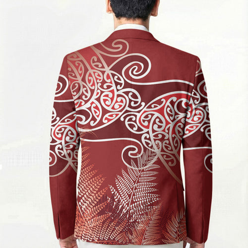 Aotearoa Maori Koru Curves Blazer Silver Ferns - Crimson Red