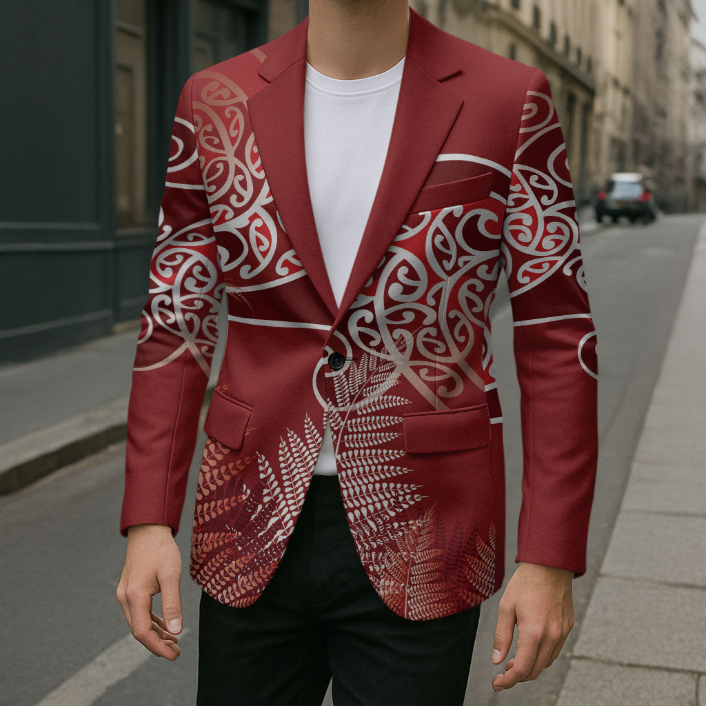 Aotearoa Maori Koru Curves Blazer Silver Ferns - Crimson Red