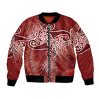 Aotearoa Maori Koru Curves Bomber Jacket Silver Ferns - Crimson Red